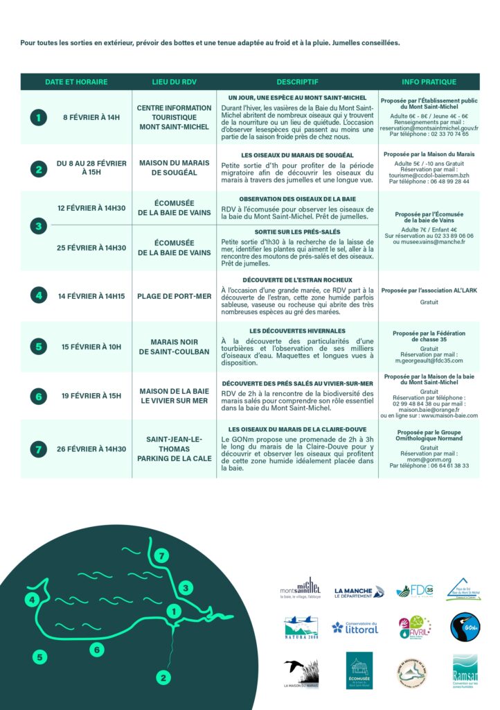 Verso de l'affiche listant toutes les structures et les dates des sorties zones humides de la baie du Mont Saint-Michel