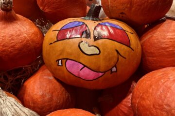 Tas de citrouilles dont une décorée pour Halloween