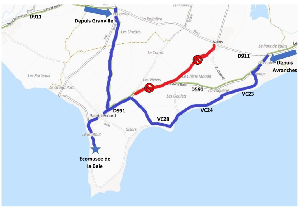 La route D591 sera fermée du 3 au 6 avril pour cause de festival à la ferme carameuh. Une déviation est mise en place et passera par les voies communales le long des grèves pour accéder à l'écomusée